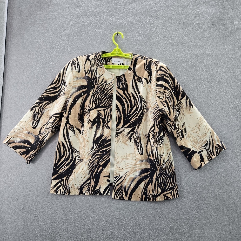 Alfred Dunner Women Jacket 18 Beige Animal Print Sequins Cardigan Open Front